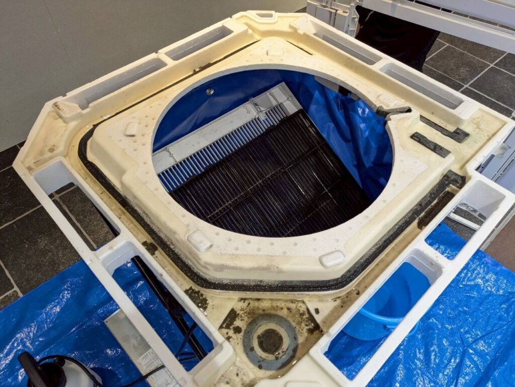 天カセエアコンのドレンパン洗浄前