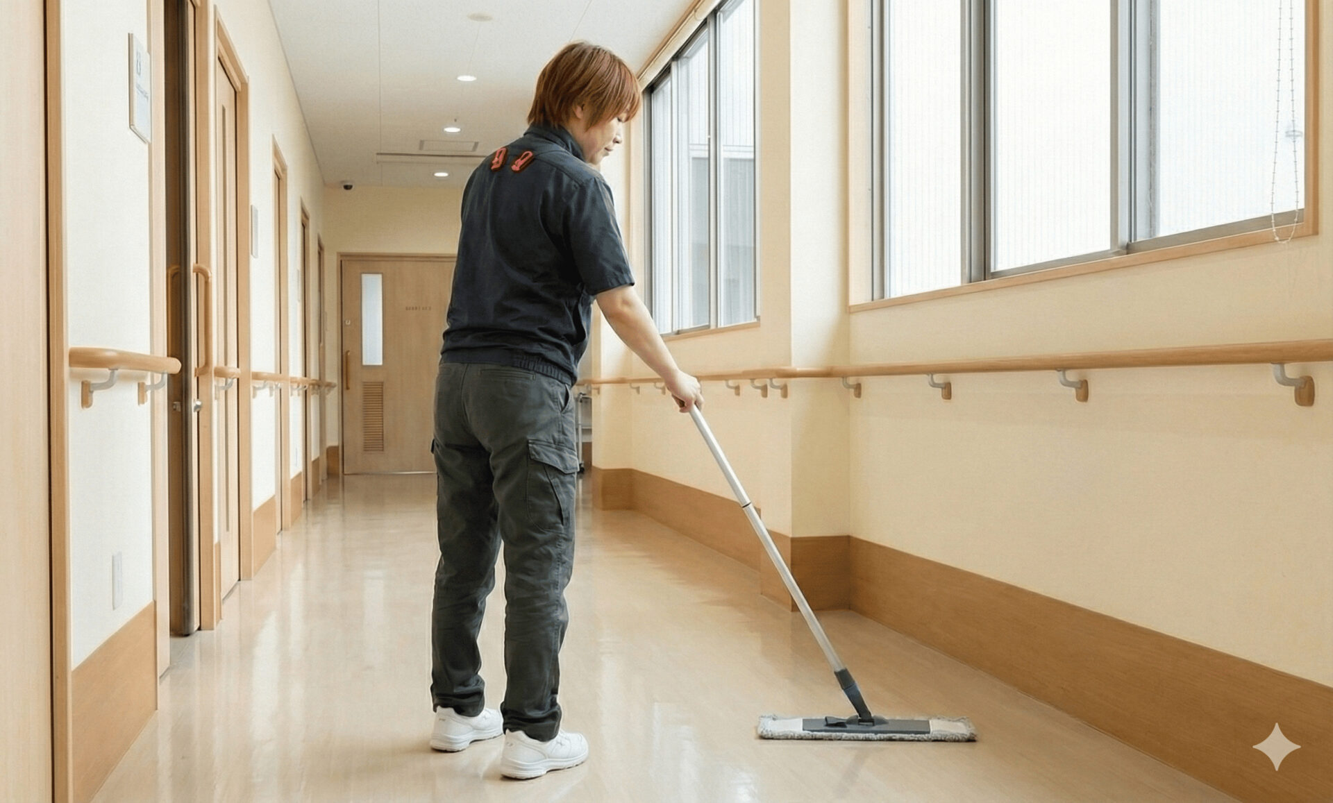 床モップで除菌清拭している女性スタッフ