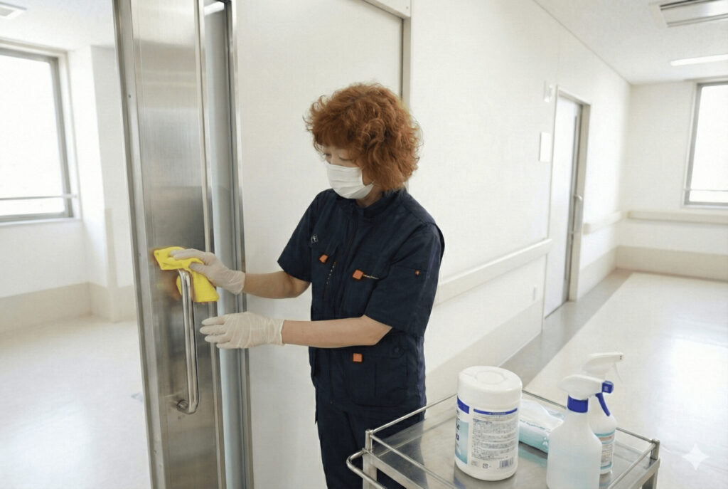 クリニックのドアノブを除菌清拭している女性スタッフ